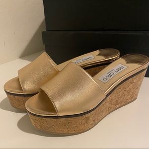 Rose gold jimmy choo platform wedge slide.
